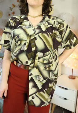 Vintage 90s Funky Geometric Abstract Cubism V Shirt Blouse