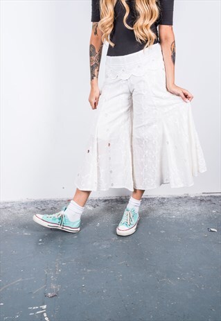VINTAGE WHITE PATTERNED WIDE-LEG TROUSERS