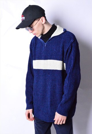 VINTAGE 90S NAVY BLUE 1/3 ZIPPER VELVETY JUMPER