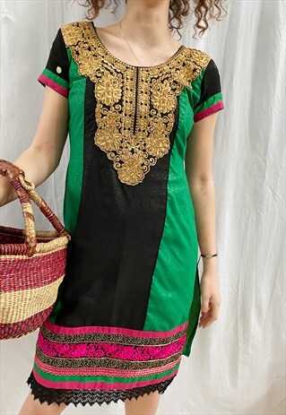 VINTAGE 90S BOHO EMBROIDERED BEADED INDIAN SARI DRESS TUNIC