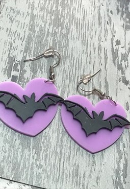 Purple Acrylic Bat Heart Earrings