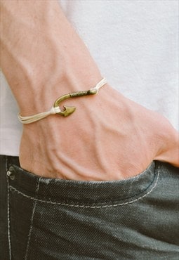 Bronze fish hook bracelet for men beige cord gift for him