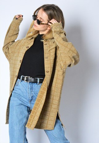 VINTAGE BEIGE MUSTARD BROWN CHECK GRUNGE LONG SLEEVE SHIRT