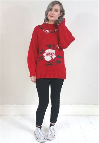 VINTAGE 90'S RED ROSE PRINT CHUNKY KNIT JUMPER