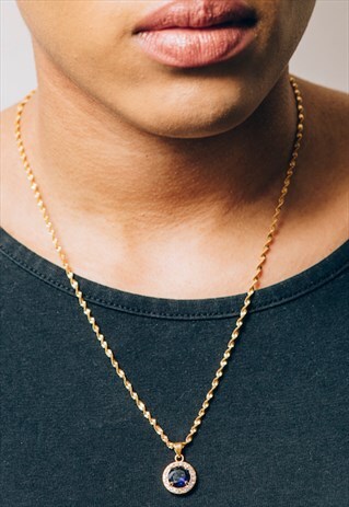 24K GOLD PLATED BLUE CUBIC ZIRCONIA GEM PENDANT NECKLACE