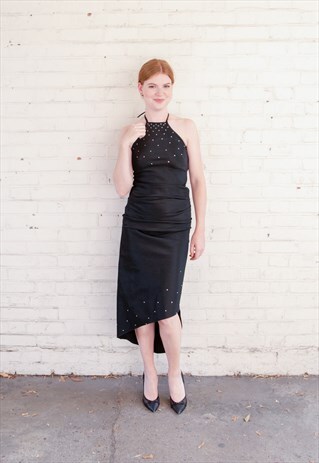 VINTAGE 90'S UNBRANDED BLACK BACKLESS HALTER DRESS DIAMANTE