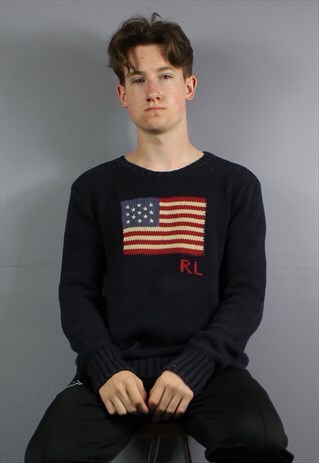 VINTAGE RALPH LAUREN CABLE KNIT SWEATSHIRT IN NAVY WITH USA