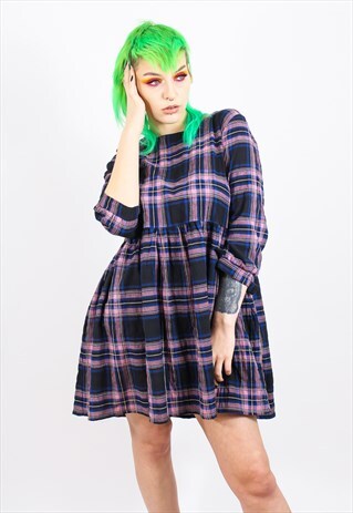 LONG SLEEVED DRESS IN PINK AND BLUE TARTAN PRINT