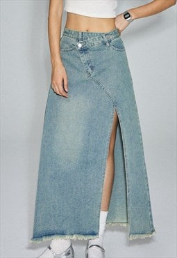 Side split maxi denim skirt utility gorpcore bottoms in blue