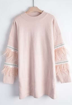 Jumper with Feather and Sequin Embellished Sleeves in Pink