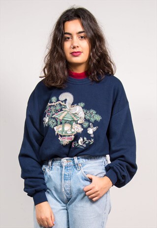 VINTAGE 90'S NAVY CUTE ANIMAL SWEATSHIRT JUMPER