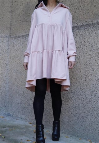 TIERED DRESS WINTER RUFFLED WOOL SHIRT LOOSE TUNIC F1531