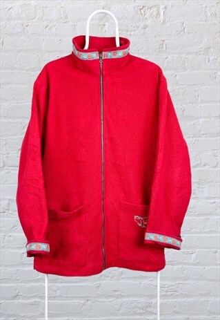 VINTAGE FLEECE JACKET POLARTEC FLORAL RED WOMEN'S LARGE