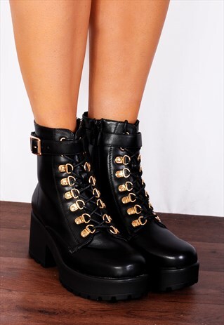 BLACK CHUNKY EYELET BUCKLE PLATFORMS LACE UPS ANKLE BOOTS