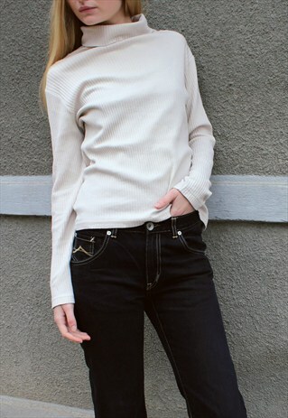 BEIGE TURTLENECK RIBBED TOP