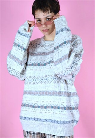 VINTAGE 90S KNIT JUMPER STRIPED IN BEIGE BROWN BLUE