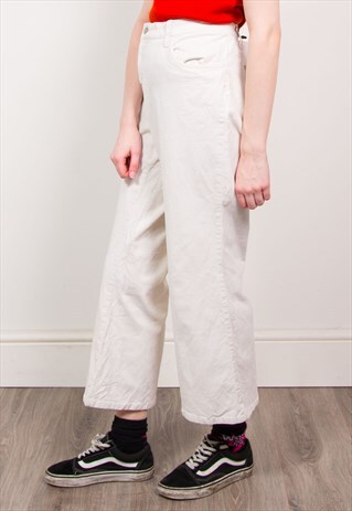 VINTAGE WHITE CORD HIGH WAIST CROPPED KICK FLARE TROUSERS
