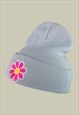 DAISY FLOWER EMBROIDERED BEANIE HAT IN LIGHT GREY