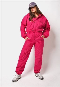 Retro 80s ski suit women's pink colour Vintage hooded winter