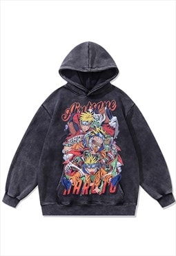 Anime hoodie vintage wash pullover Naruto cartoon jumper