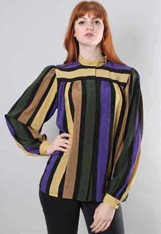 VINTAGE 80S STRIPE HIGH NECK TEXTURED BLOUSE