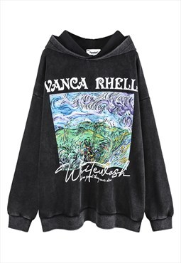 Black Washed Drawing Graphic Oversized Hoodies Y2k