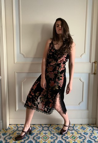 VINTAGE 90S FLORAL VELVET LONG DRESS WITH LACE
