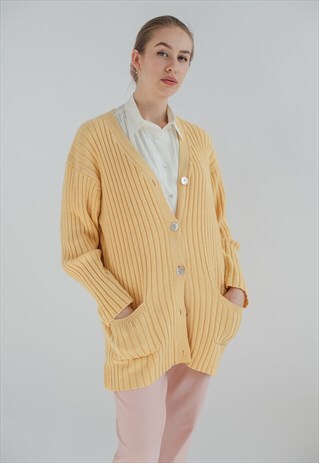 VINTAGE 80S BUTTON UP KNITWEAR CARDIGAN IN PASTEL YELLOW L