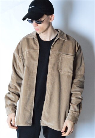 VINTAGE BEIGE BROWN MINIMALIST CORDUROY THICK ZIPPER SHIRT