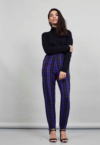 VINTAGE 80'S PURPLE TARTAN HIGH WAISTED JODHPURS