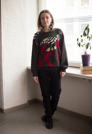 VINTAGE 80'S GREY ABSTRACT WOOL JUMPER