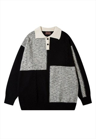 COLOR BLOCK POLO SWEATER KNITTED JUMPER PREPPY PULLOVER