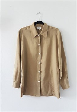 1990s Vintage Linen Tan Button Up Shirt, Size 6