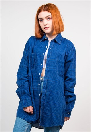 VINTAGE 90'S BLUE DOGTOOTH OVERSIZE FLANNEL SHIRT