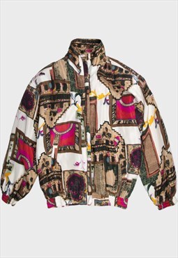 Multi Graphic Printed '80s Fuda Silk Bomber Jacket