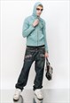 VINTAGE Y2K HIPPIE LEAF EMBROIDERY SLIM HOODIE IN MINT GREEN