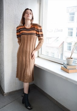 Vintage 70's Brown Hand Knitted Puff Sleeved Midi Dress
