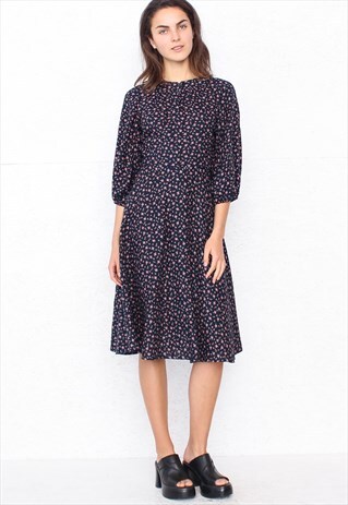 VINTAGE NAVY FLORAL LONG SLEEVE MIDI DRESS