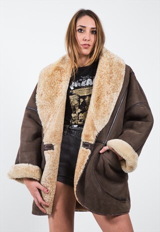 VINTAGE 80S LEATHER FAUX FUR COAT /