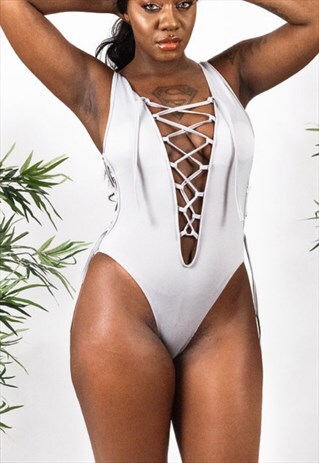 FRONT AND SIDE LACE UP BODYSUIT IN GREY
