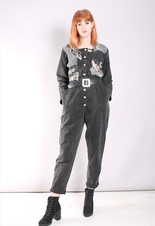 VINTAGE 80S BLACK DENIM EMBROIDERED BOILERSUIT JUMPSUIT
