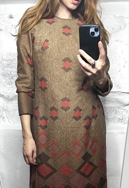 70s Boho Brown geometric Print Dress 
