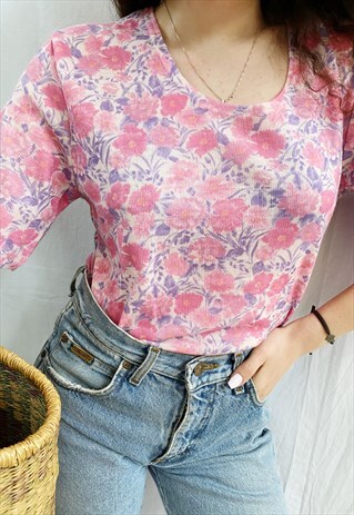 VINTAGE 80S PASTEL FLORAL KNIT HAUTE BOHEME BLOUSE TOP
