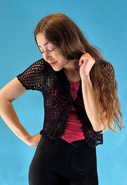 Vintage Y2K 2000s Black Crochet Button Up Top with Collar 