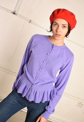 80'S RETRO LILAC PEPLUM KNIT PARIS CHIC CARDIGAN