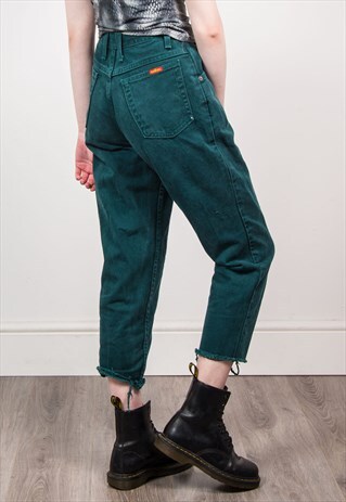 VINTAGE 90'S GREEN DENIM HIGH WAIST FRAYED HEM MOM JEANS