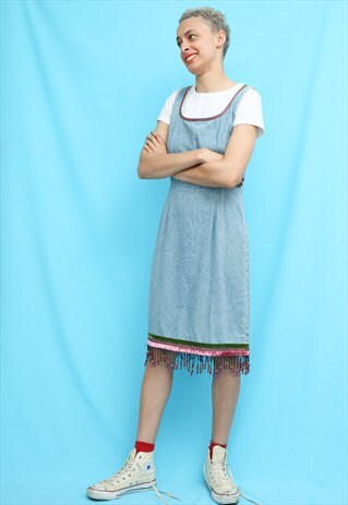 90S VINTAGE DENIM BEADED GRUNGE MIDI DRESS