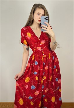 Short Sleeve Red Floral Maxi Dress, Aesthetic Dress