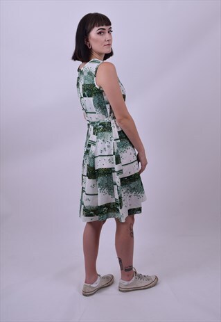 VINTAGE 70'S GREEN PATCHWORK FLOWER PRINT A LINE DRESS 12 14