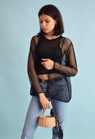 90'S RETRO GRUNGE FISHNET MESH FESTIVAL OPEN FRONT BLOUSE
